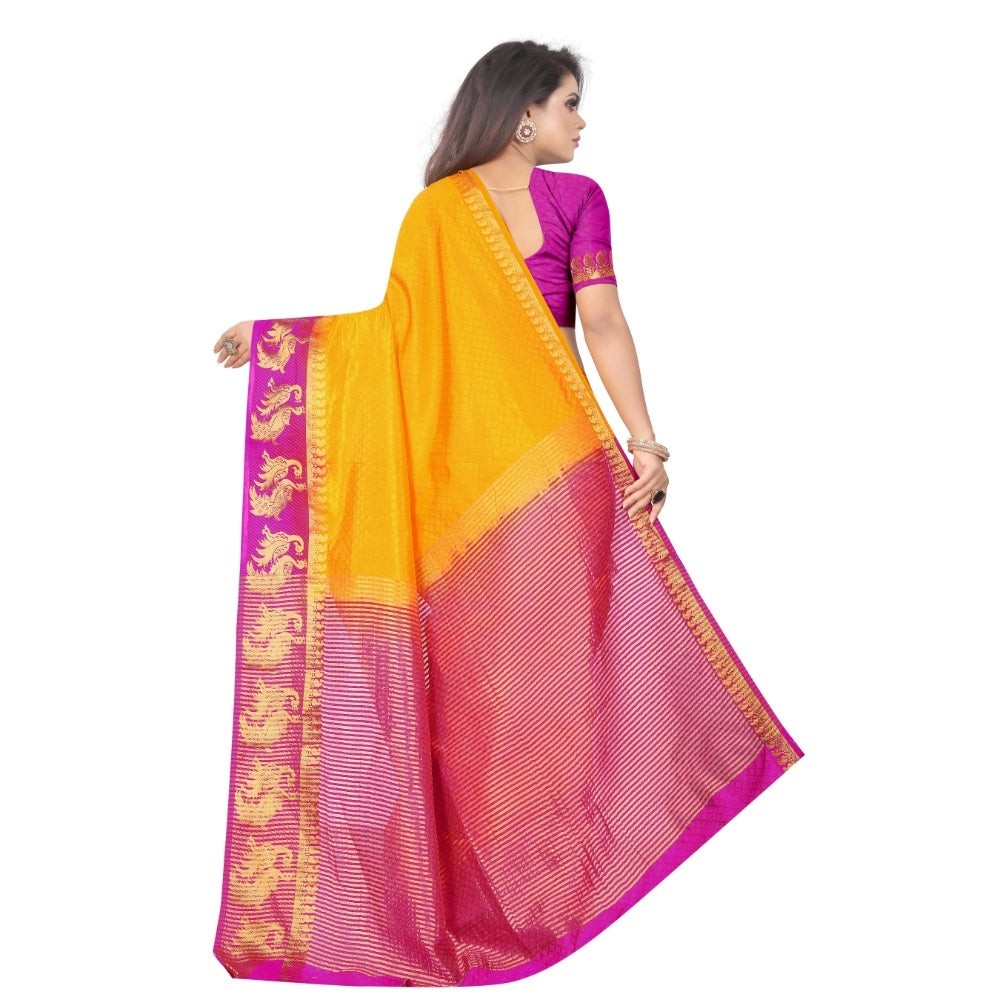 Generic Women's Kanjivaram Silk Saree With Unstitched Blouse Piece (Yellow, 5-6 Mtrs)