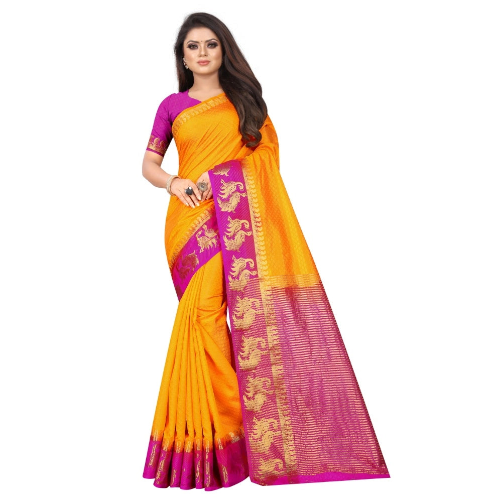 Generic Women's Kanjivaram Silk Saree With Unstitched Blouse Piece (Yellow, 5-6 Mtrs)