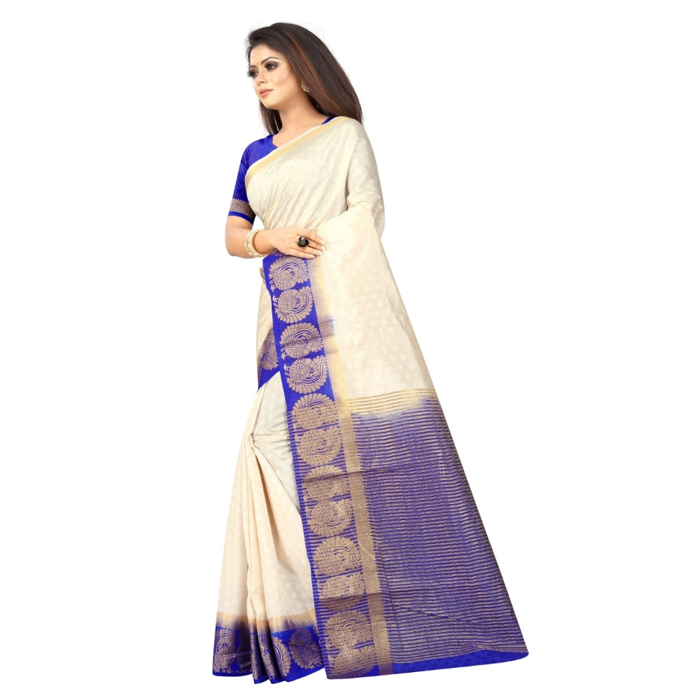 Generic Women's Kanjivaram Silk Saree With Unstitched Blouse Piece (White, 5-6 Mtrs)