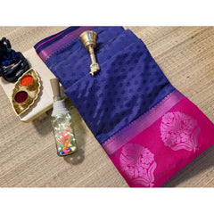 Generic Women's Kanjivaram Silk Saree With Unstitched Blouse Piece (Navy Blue, 5-6 Mtrs)