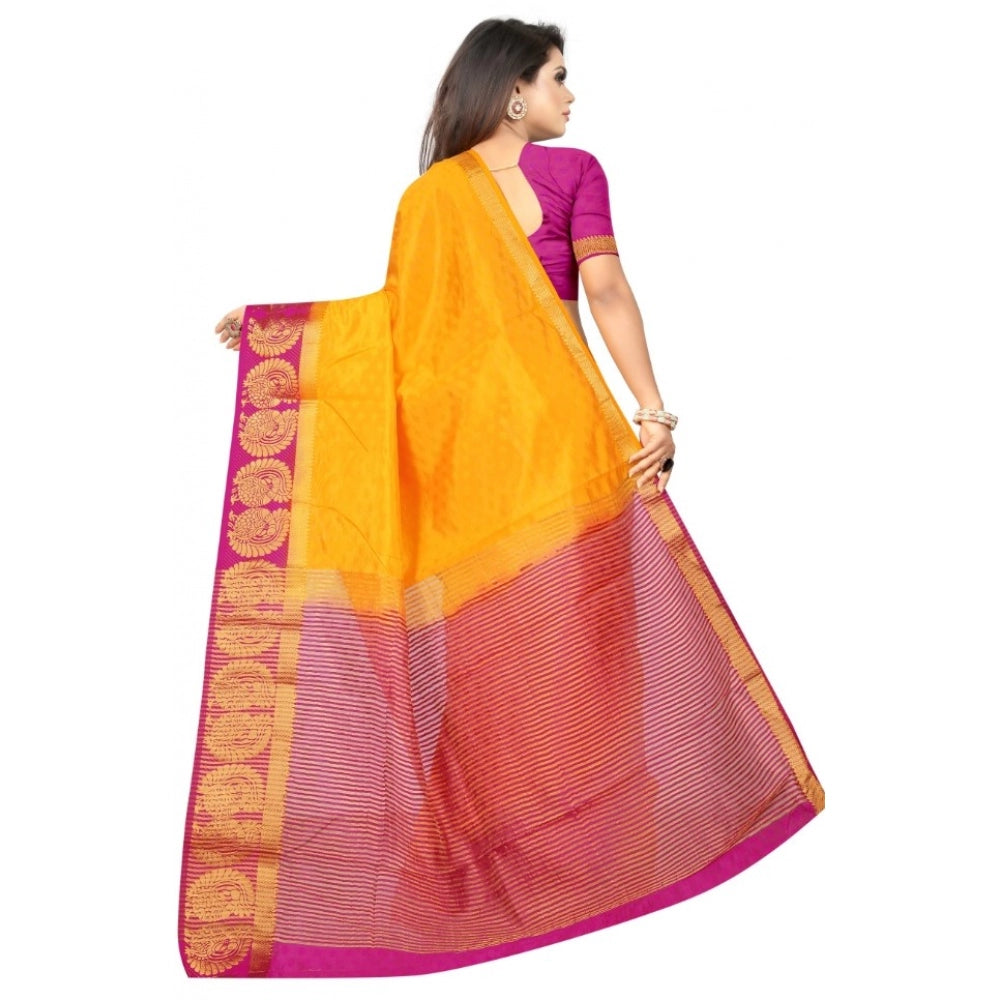 Generic Women's Kanjivaram Silk Saree With Unstitched Blouse Piece (Yellow, 5-6 Mtrs)