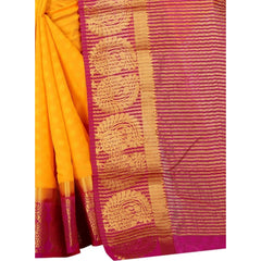 Generic Women's Kanjivaram Silk Saree With Unstitched Blouse Piece (Yellow, 5-6 Mtrs)