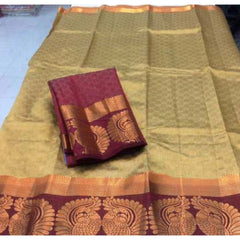 Generic Women's Kanjivaram Silk Saree With Unstitched Blouse Piece (Beige, 5-6 Mtrs)