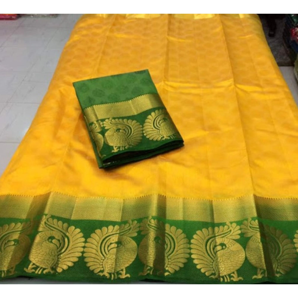 Generic Women's Kanjivaram Silk Saree With Unstitched Blouse Piece (Yellow, 5-6 Mtrs)