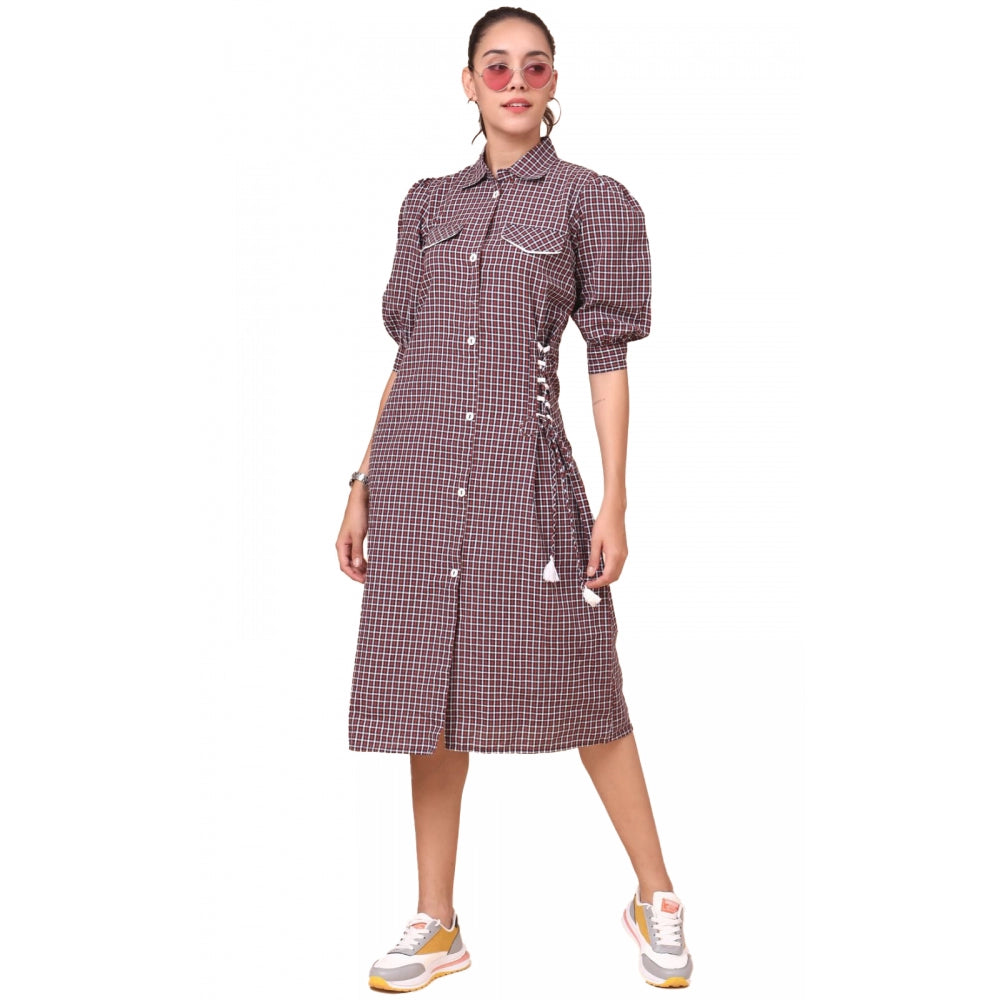 Generic Women's Cotton Check Printed Dresses (Dark Pink)