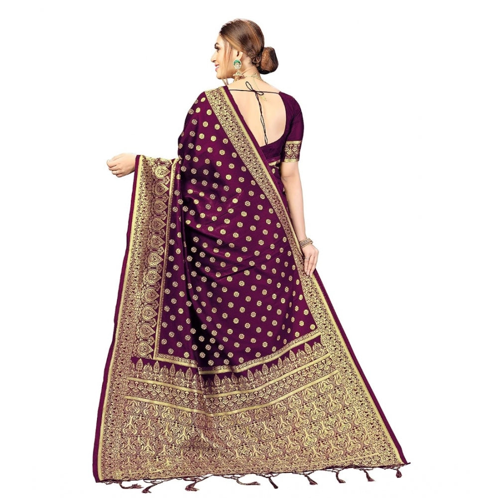 Generic Women's Floral Pattern Jacquard Woven Banarasi Art Silk Saree With Unstitched Blouse Piece (Purple, 5-6mtrs)