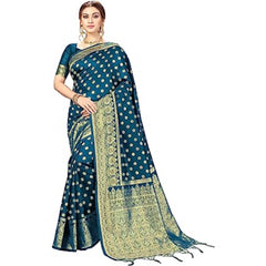 Generic Women's Floral Pattern Jacquard Woven Banarasi Art Silk Saree With Unstitched Blouse Piece (Teal Blue, 5-6mtrs)