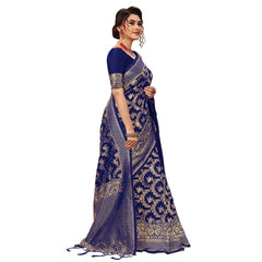 Generic Women's Damask Pattern Jacquard Woven Banarasi Art Silk Saree With Unstitched Blouse Piece (Blue, 5-6mtrs)