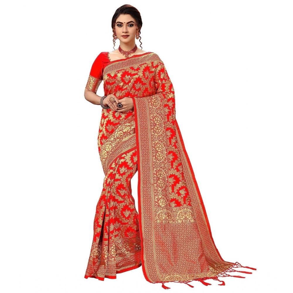 Generic Women's Damask Pattern Jacquard Woven Banarasi Art Silk Saree With Unstitched Blouse Piece (Red, 5-6mtrs)