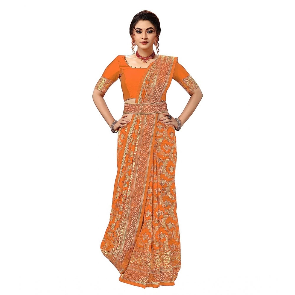 Generic Women's Damask Pattern Jacquard Woven Banarasi Art Silk Saree With Unstitched Blouse Piece (Orange, 5-6mtrs)