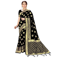 Generic Women's Kanjivaram Style Floral design Jacquard Zari Woven Banarasi Art Silk Saree With Unstitched Blouse Piece (Black, 5-6mtrs)