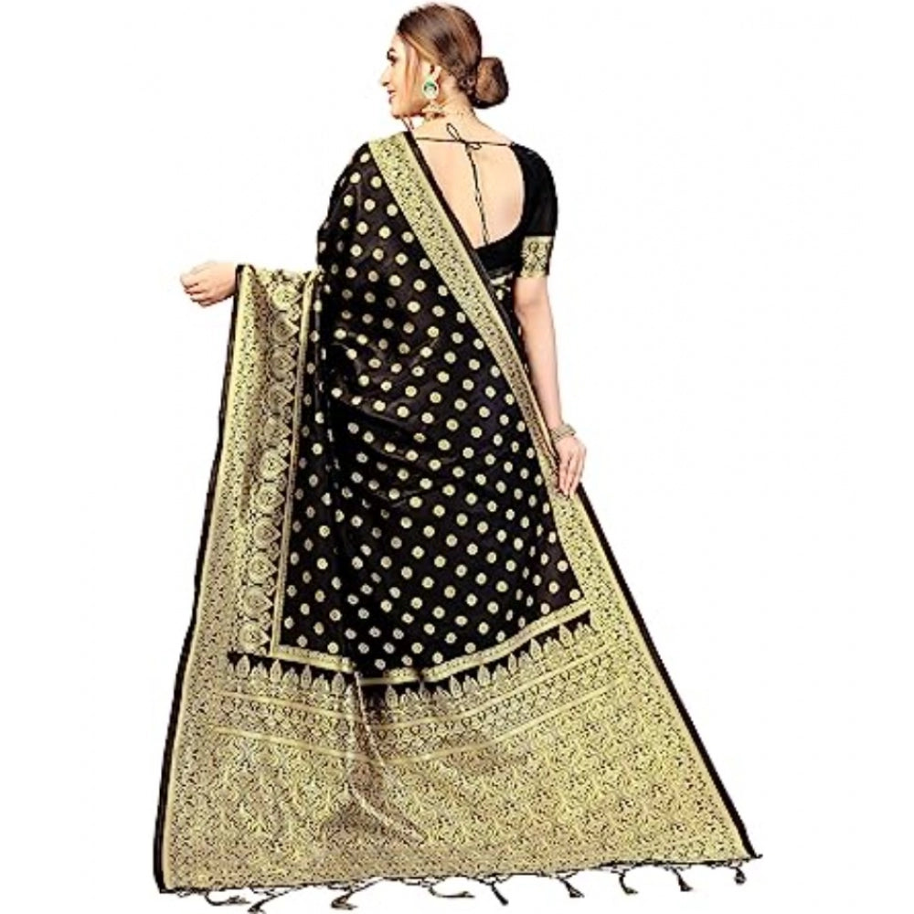 Generic Women's Floral Pattern Jacquard Woven Banarasi Art Silk Saree With Unstitched Blouse Piece (Black, 5-6mtrs)