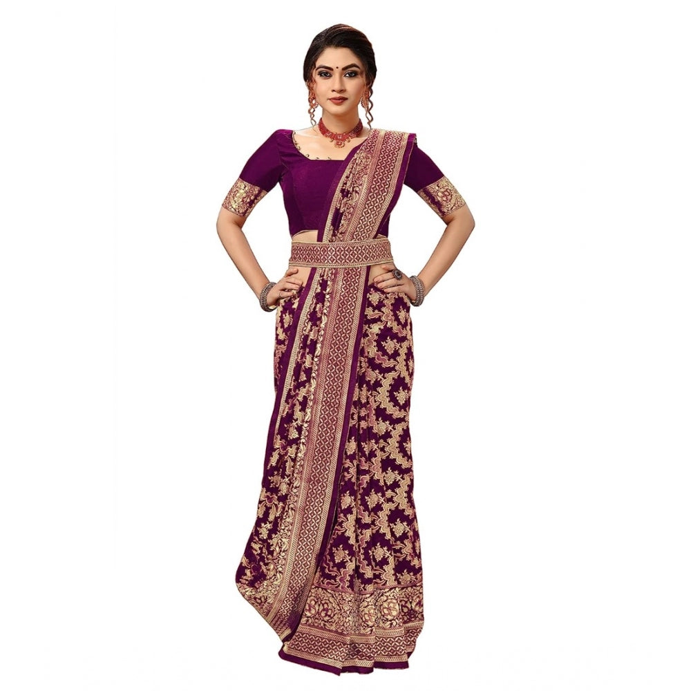 Generic Women's Damask Pattern Jacquard Woven Banarasi Art Silk Saree With Unstitched Blouse Piece (Purple, 5-6mtrs)