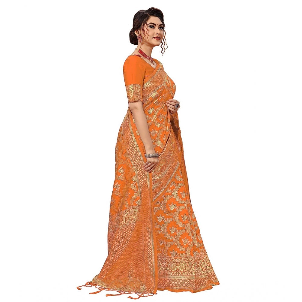 Generic Women's Damask Pattern Jacquard Woven Banarasi Art Silk Saree With Unstitched Blouse Piece (Orange, 5-6mtrs)