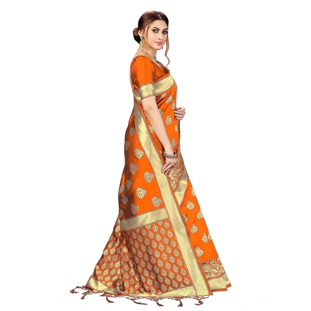 Generic Women's Kanjivaram Style Floral design Jacquard Zari Woven Banarasi Art Silk Saree With Unstitched Blouse Piece (Orange, 5-6mtrs)