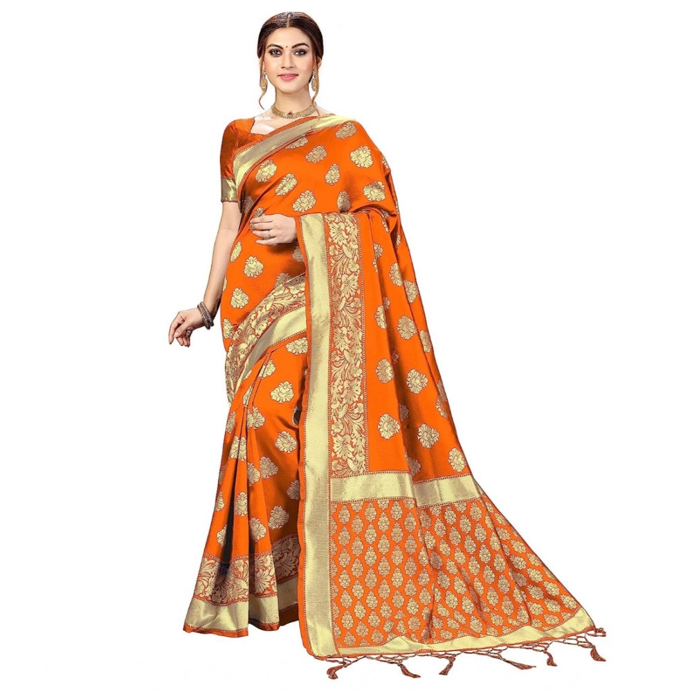 Generisches Damen-Sari im Kanjivaram-Stil mit Blumenmuster, Jacquard-Zari-gewebte Banarasi-Kunstseide mit ungesäumtem Blusenteil (Orange, 5–6 m)