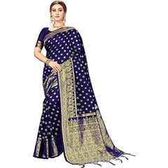 Generic Women's Floral Pattern Jacquard Woven Banarasi Art Silk Saree With Unstitched Blouse Piece (Blue, 5-6mtrs)