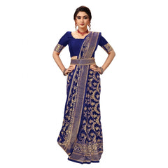 Generic Women's Damask Pattern Jacquard Woven Banarasi Art Silk Saree With Unstitched Blouse Piece (Blue, 5-6mtrs)