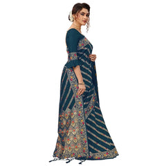 Generisches Damen-Sari aus jacquardgewebter Banarasi-Kunstseide mit Blumen- und Streifenmuster und ungesäumtem Blusenteil (Blaugrün, 5–6 m)