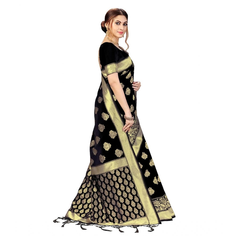 Generic Women's Kanjivaram Style Floral design Jacquard Zari Woven Banarasi Art Silk Saree With Unstitched Blouse Piece (Black, 5-6mtrs)