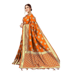 Generisches Damen-Sari im Kanjivaram-Stil mit Blumenmuster, Jacquard-Zari-gewebte Banarasi-Kunstseide mit ungesäumtem Blusenteil (Orange, 5–6 m)