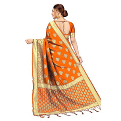 Generisches Damen-Sari im Kanjivaram-Stil mit Blumenmuster, Jacquard-Zari-gewebte Banarasi-Kunstseide mit ungesäumtem Blusenteil (Orange, 5–6 m)