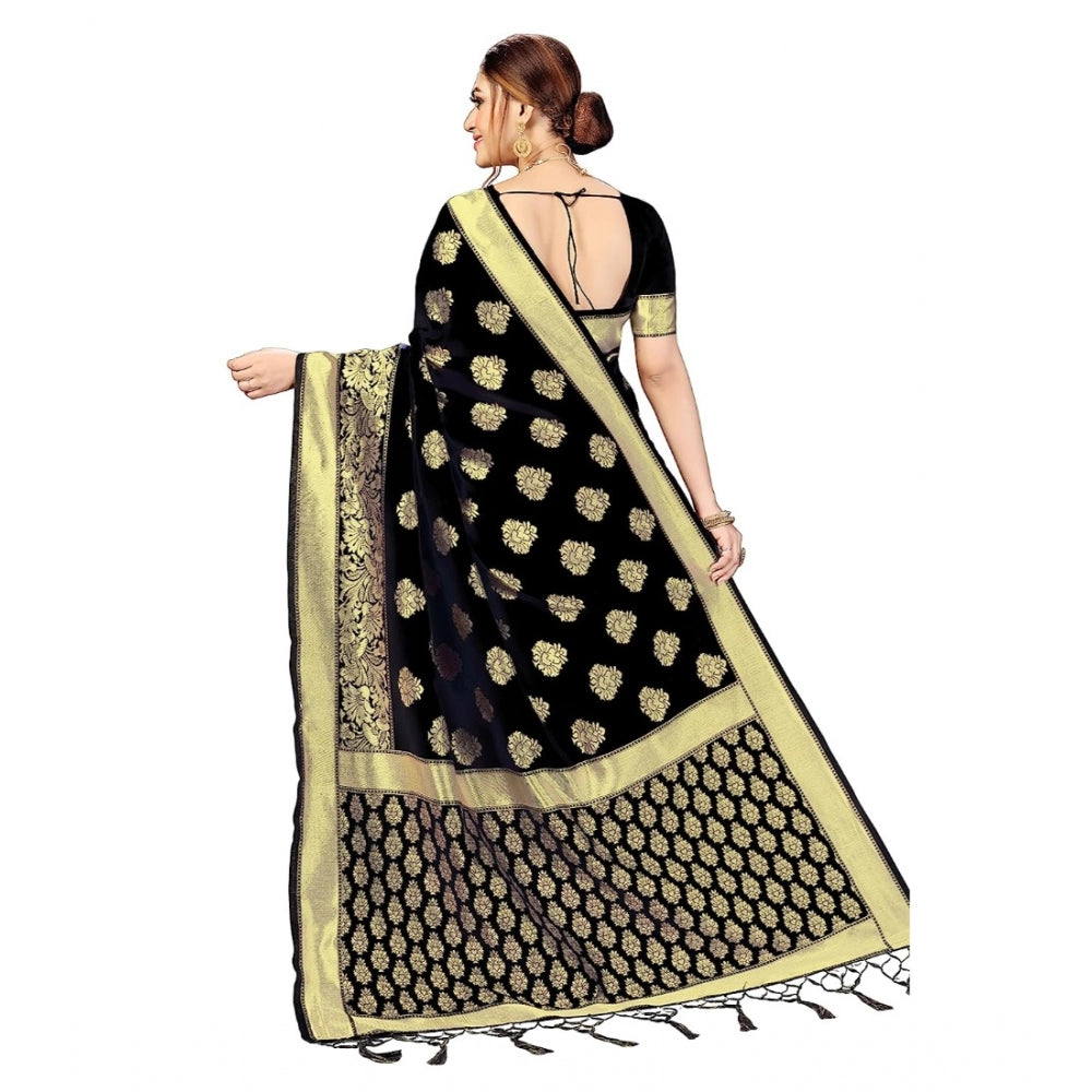 Generic Women's Kanjivaram Style Floral design Jacquard Zari Woven Banarasi Art Silk Saree With Unstitched Blouse Piece (Black, 5-6mtrs)