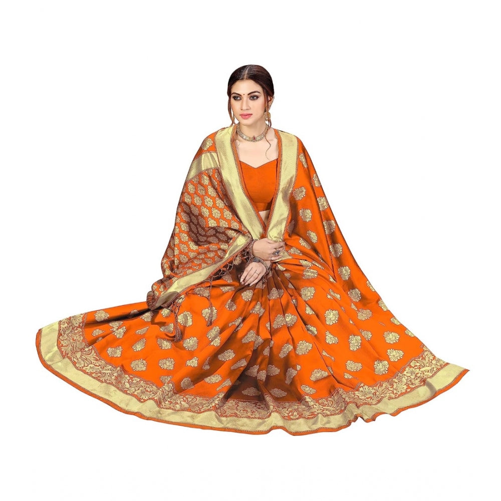 Generisches Damen-Sari im Kanjivaram-Stil mit Blumenmuster, Jacquard-Zari-gewebte Banarasi-Kunstseide mit ungesäumtem Blusenteil (Orange, 5–6 m)