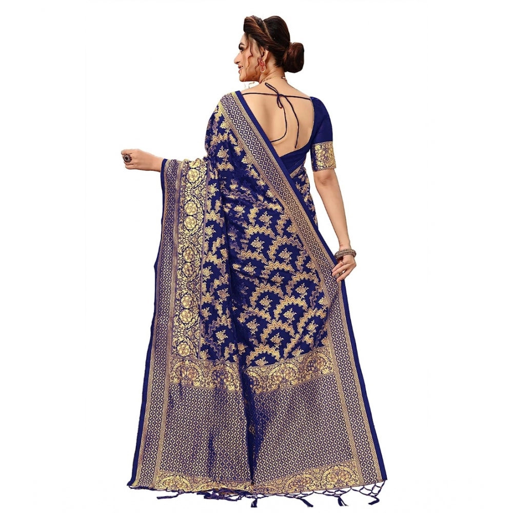 Generic Women's Damask Pattern Jacquard Woven Banarasi Art Silk Saree With Unstitched Blouse Piece (Blue, 5-6mtrs)