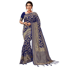 Generic Women's Damask Pattern Jacquard Woven Banarasi Art Silk Saree With Unstitched Blouse Piece (Blue, 5-6mtrs)