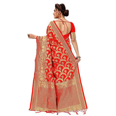 Generic Women's Damask Pattern Jacquard Woven Banarasi Art Silk Saree With Unstitched Blouse Piece (Red, 5-6mtrs)