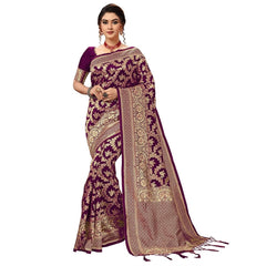 Generic Women's Damask Pattern Jacquard Woven Banarasi Art Silk Saree With Unstitched Blouse Piece (Purple, 5-6mtrs)