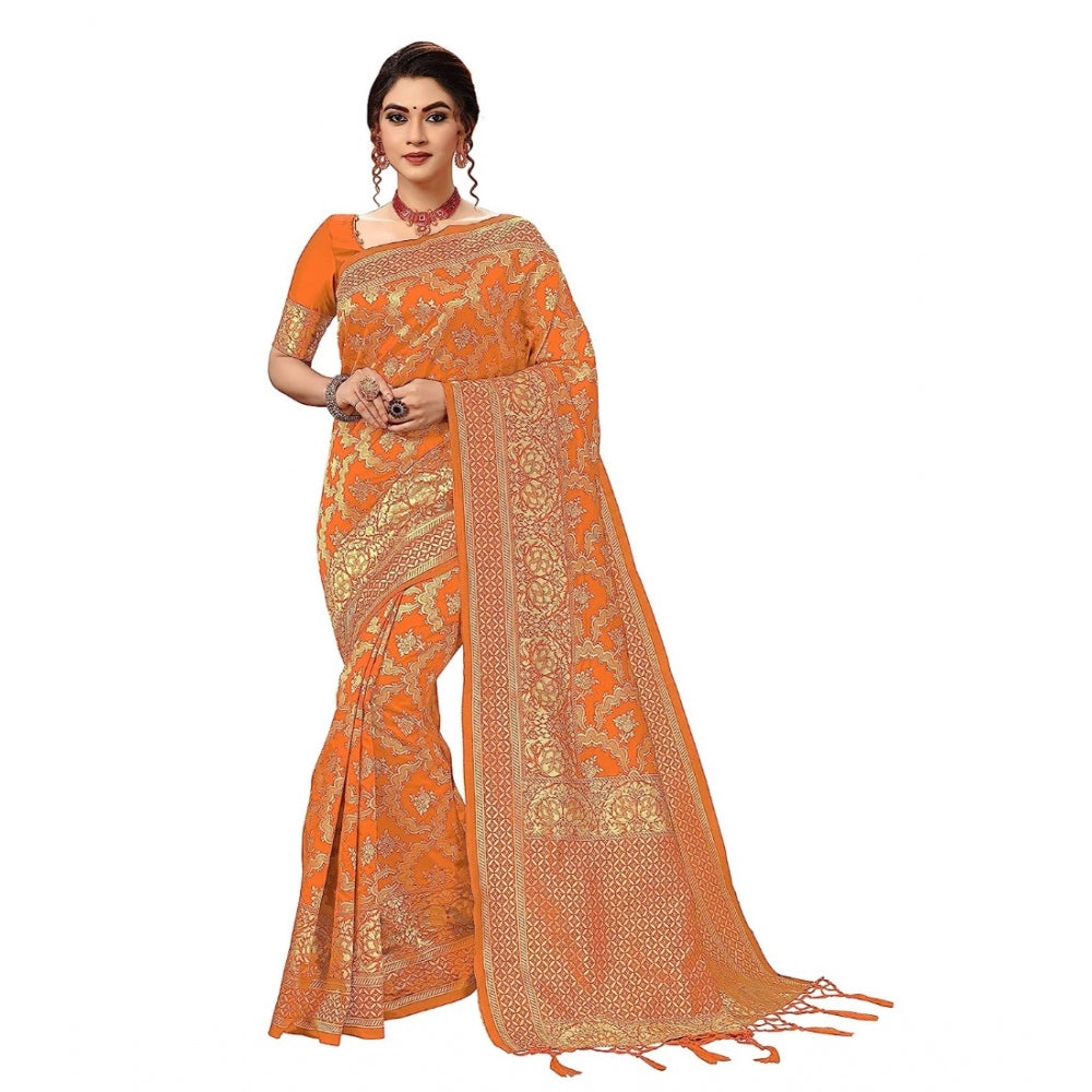 Generic Women's Damask Pattern Jacquard Woven Banarasi Art Silk Saree With Unstitched Blouse Piece (Orange, 5-6mtrs)