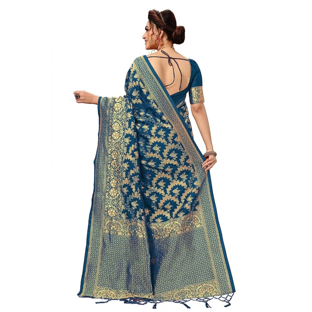 Generic Women's Damask Pattern Jacquard Woven Banarasi Art Silk Saree With Unstitched Blouse Piece (Teal Blue, 5-6mtrs)