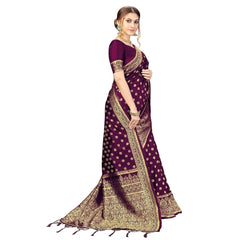 Generic Women's Floral Pattern Jacquard Woven Banarasi Art Silk Saree With Unstitched Blouse Piece (Purple, 5-6mtrs)