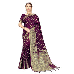 Generic Women's Floral Pattern Jacquard Woven Banarasi Art Silk Saree With Unstitched Blouse Piece (Purple, 5-6mtrs)