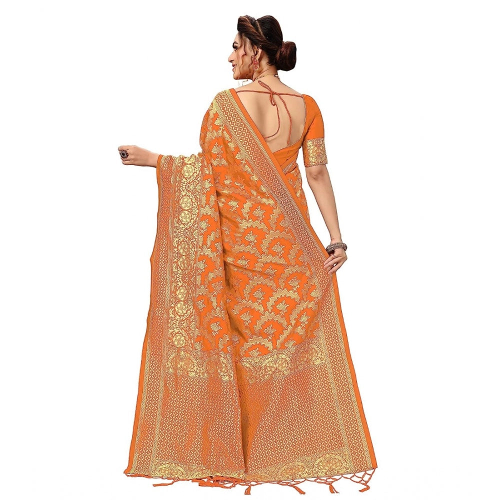 Generic Women's Damask Pattern Jacquard Woven Banarasi Art Silk Saree With Unstitched Blouse Piece (Orange, 5-6mtrs)