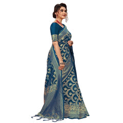 Generic Women's Damask Pattern Jacquard Woven Banarasi Art Silk Saree With Unstitched Blouse Piece (Teal Blue, 5-6mtrs)