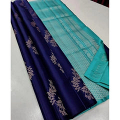 Generic Women's Borderless Kanjivaram Silk Sarees With Unstitched Blouse (Blue)