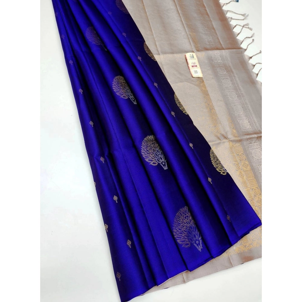 Generic Women's Borderless Kanjivaram Silk Sarees With Unstitched Blouse (Royal Blue)