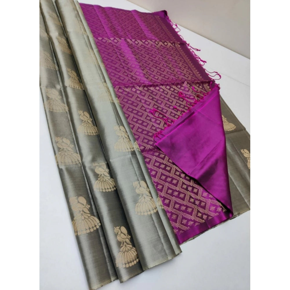 Generic Women's Borderless Kanjivaram Silk Sarees With Unstitched Blouse (Grey)