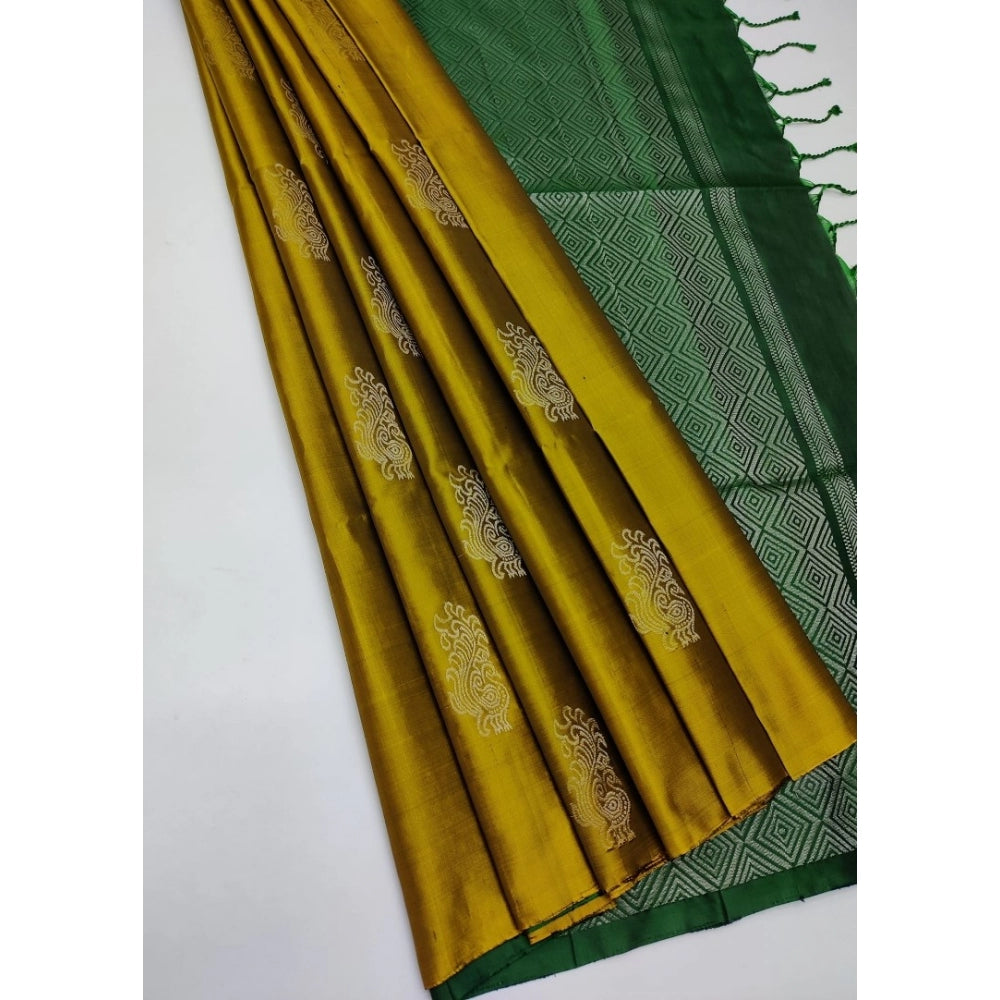 Generic Women's Borderless Kanjivaram Silk Sarees With Unstitched Blouse (Mustard Yellow)