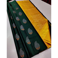 Generic Women's Borderless Kanjivaram Silk Sarees With Unstitched Blouse (Dark Green)