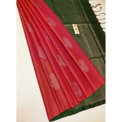 Generic Women's Borderless Kanjivaram Silk Sarees With Unstitched Blouse (Red)