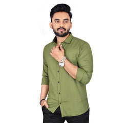 Generic Men's Cotton Blend Full Sleeve Solid Pattern Casual Shirt (Dark Green)