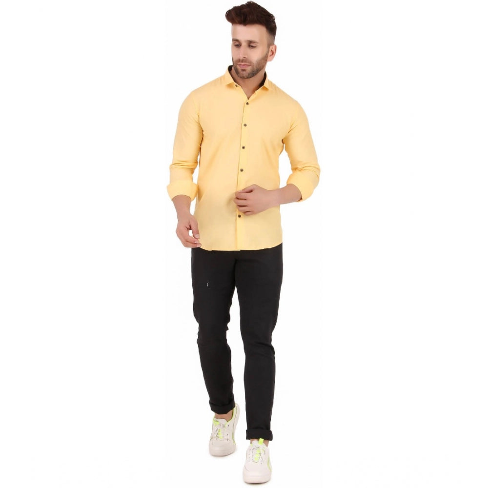 Generic Men's Pure Cotton Full Sleeve Solid Pattern Casual Shirt (Yellow)