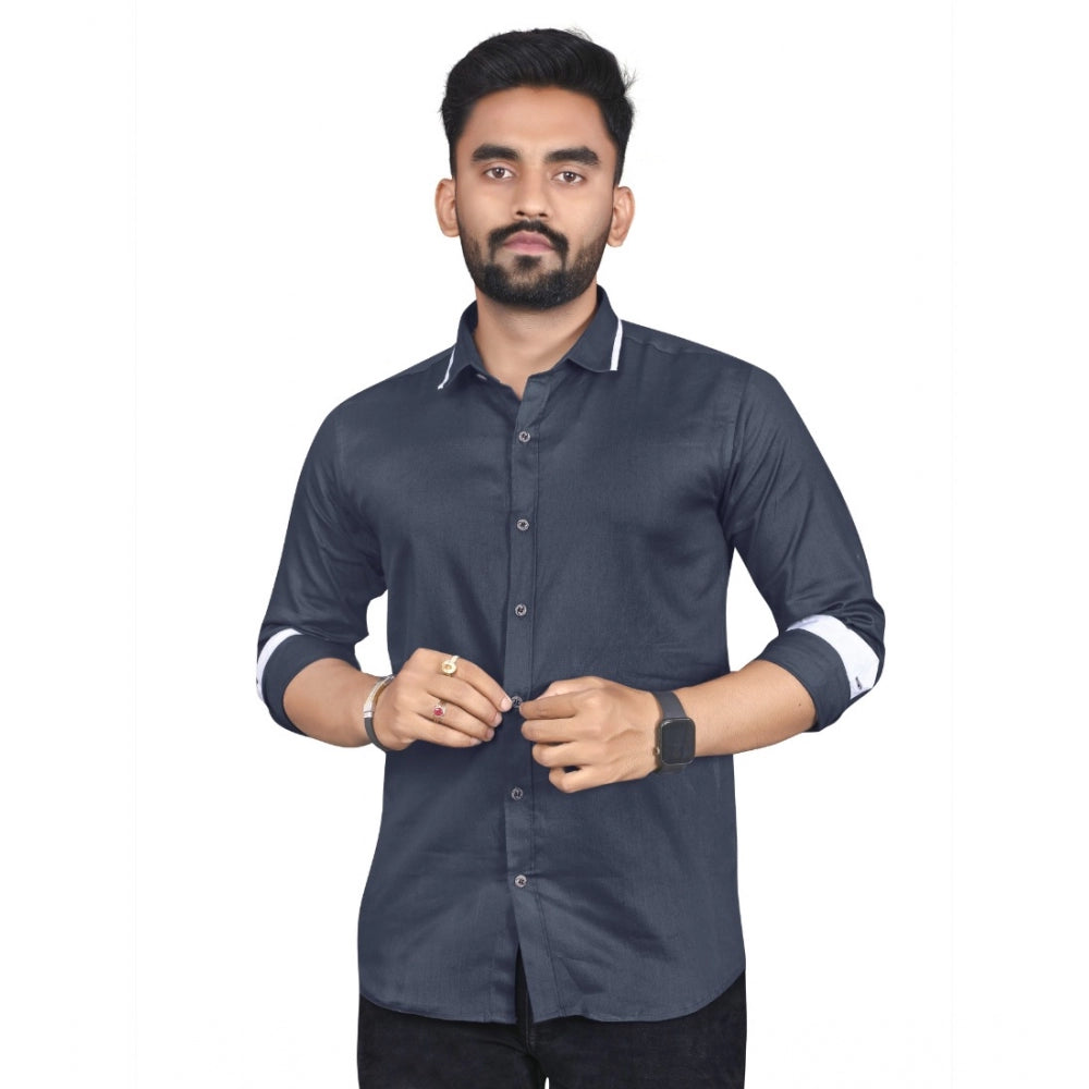 Generic Men's Cotton Blend Full Sleeve Solid Pattern Casual Shirt (Grey)