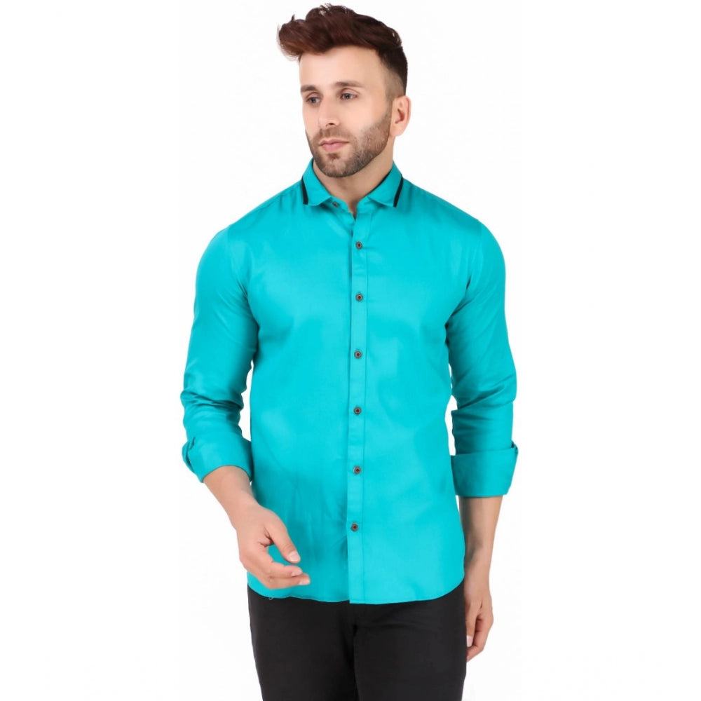 Generic Men's Pure Cotton Full Sleeve Solid Pattern Casual Shirt (Blue)