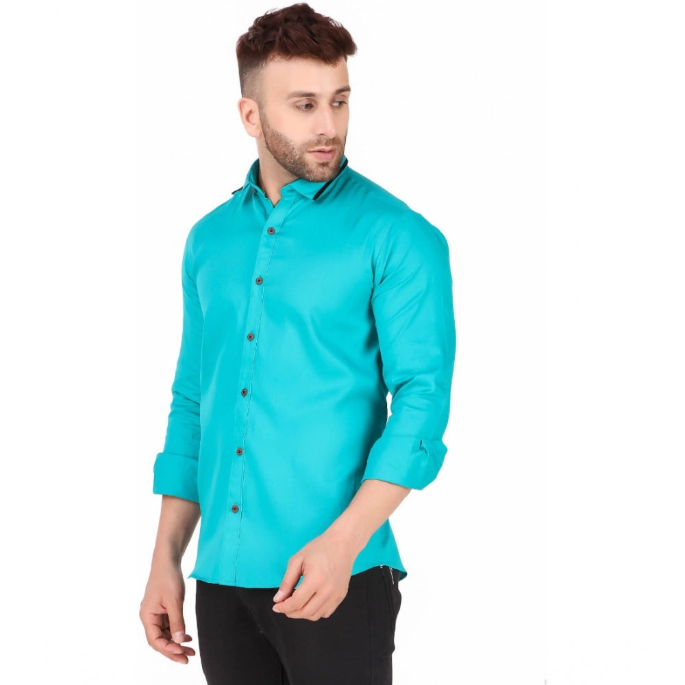 Generic Men's Pure Cotton Full Sleeve Solid Pattern Casual Shirt (Blue)