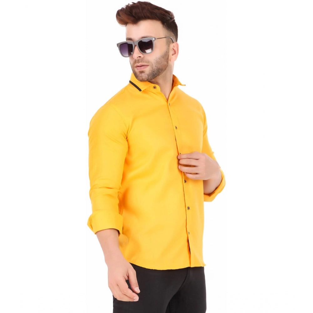 Generic Men's Pure Cotton Full Sleeve Solid Pattern Casual Shirt (Yellow)